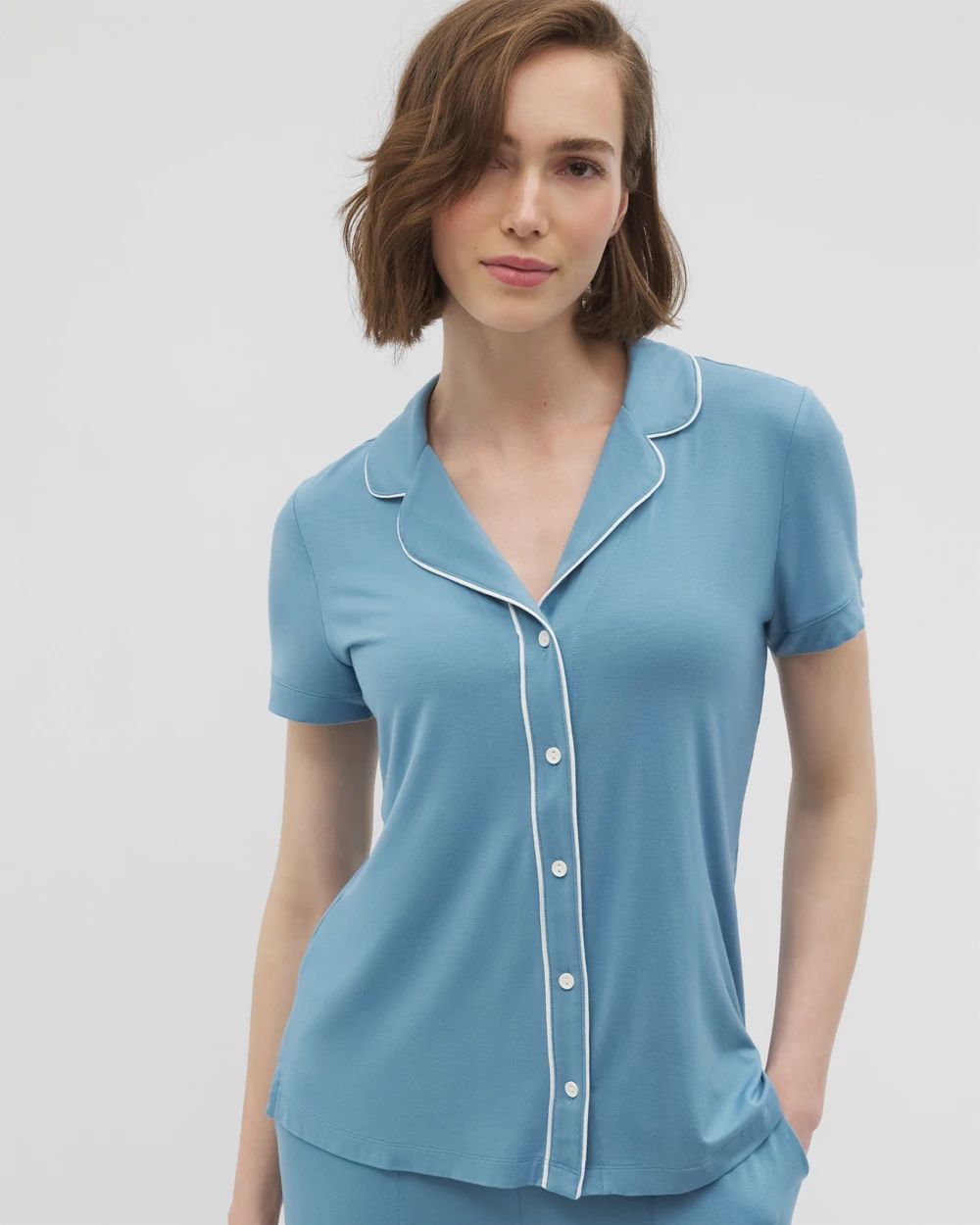Solid Short Sleeve Notch Collar Pajama Top | Soma